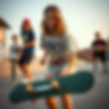A group of teenagers skateboarding while sporting trendy t-shirts, embodying youth culture.