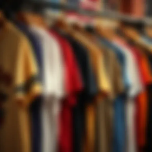 A vibrant collection of stylish t-shirts hanging on a rack, showcasing various designs and colors.
