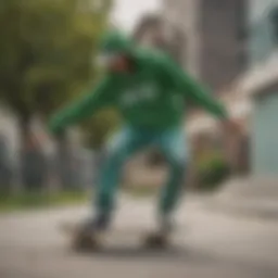 A skateboarder wearing a stylish green hoodie performing a trick