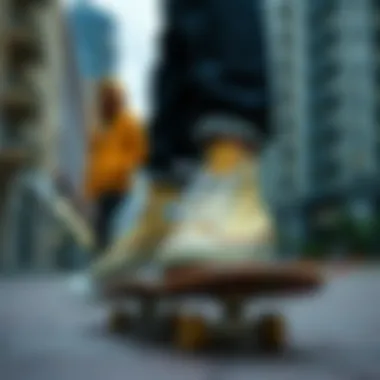 Skateboard icons wearing gold Chuck Taylors in an urban setting