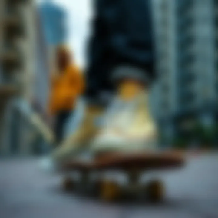 Skateboard icons wearing gold Chuck Taylors in an urban setting