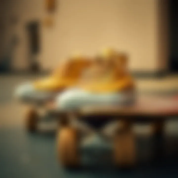 Artistic arrangement of gold Chuck Taylors on a skateboard