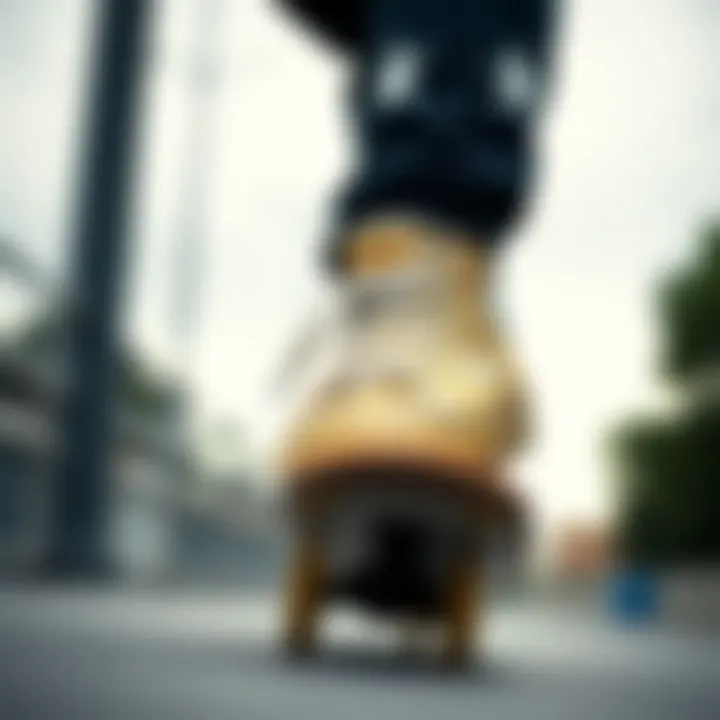 Skateboarder performing tricks while wearing gold Chuck Taylors