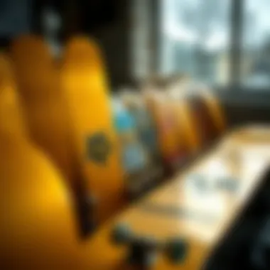 An artistic view of a collection of gold skateboards.