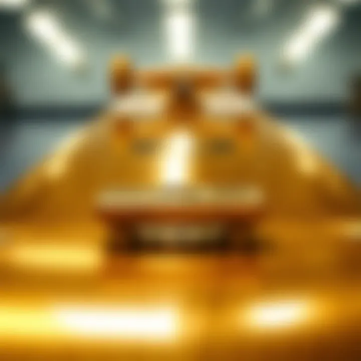 A close-up of a gold skateboard deck highlighting its craftsmanship.