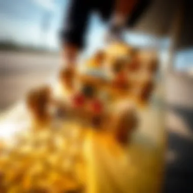 A stunning gold skateboard showcasing intricate design elements.