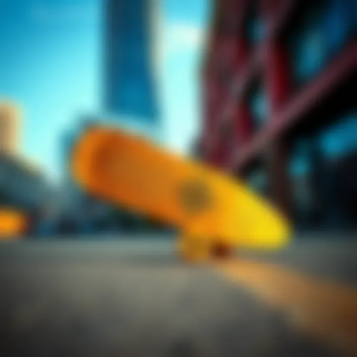 A gold skateboard in action on a vibrant urban backdrop.