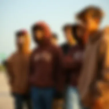 Diverse Styles in Brown Cropped Hoodies Group of skateboarders showcasing diverse styles with brown cropped hoodies