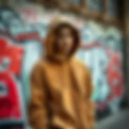 Urban skater wearing a brown cropped hoodie against a graffiti backdrop