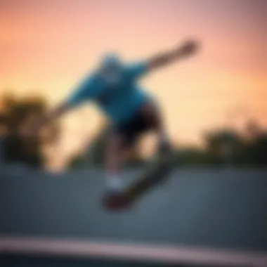 Skater wearing a light blue Champion shirt performing a trick
