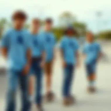 Group of skaters in light blue Champion shirts at a skate park