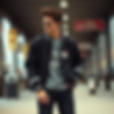 A modern skateboarder wearing a black Members Only jacket in an urban setting.
