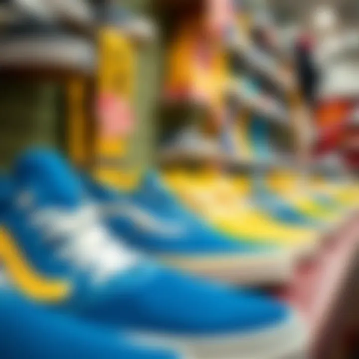 A collection of blue and yellow Vans on display at a skate shop