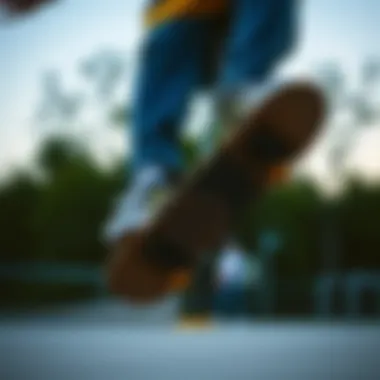Skateboarder performing a trick while wearing blue and yellow Vans