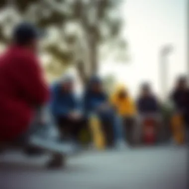 Group of skateboarders discussing their experiences with blue and yellow Vans