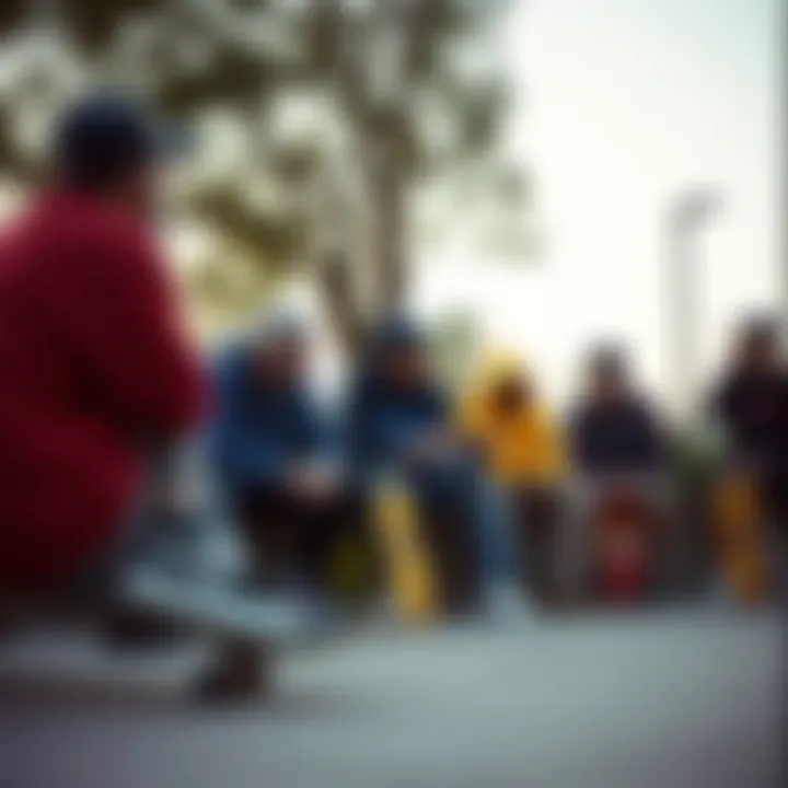 Group of skateboarders discussing their experiences with blue and yellow Vans