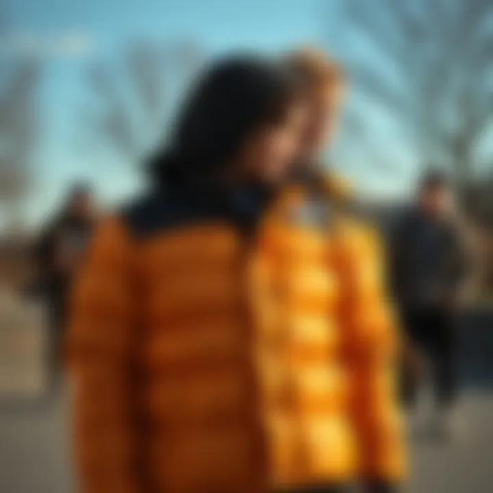 Group of skaters styling the 686 puffer jacket in a vibrant skate park