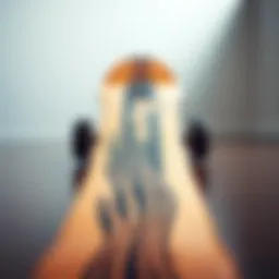 Detailed view of a skateboard deck showcasing its curvature and design