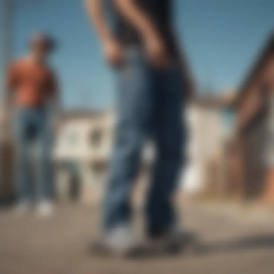 A collection of various skateboarding pants showcasing different styles and materials.