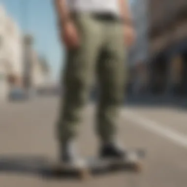 A trendy outfit combining cargo track pants and skateboarding gear
