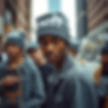 A group of skaters in an urban setting, all donning grey Neff beanies.