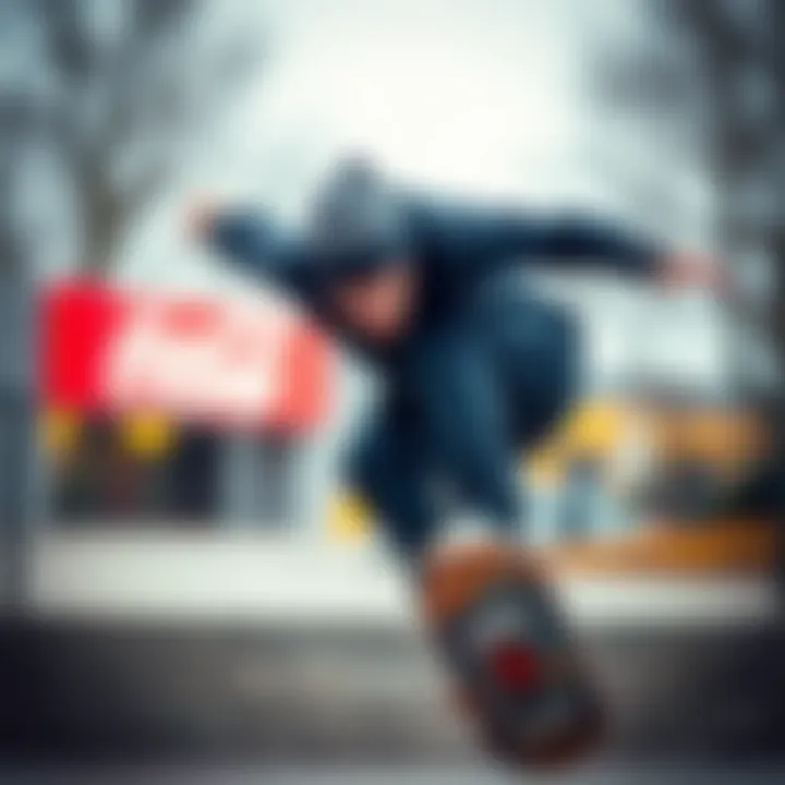 A skateboarder wearing a grey Neff beanie while performing a trick.