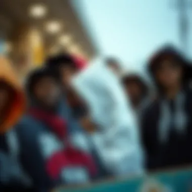 An artistic depiction of hoods as cultural symbols in skateboarding, featuring various styles and colors.