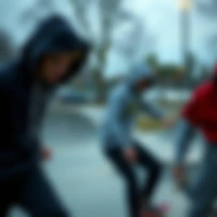 A group of skaters wearing stylish hoods while performing tricks at a skate park.