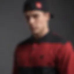 Close-up of a half red half black shirt showcasing its unique design