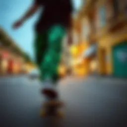 Dynamic skater showcasing green pattern pants on a vibrant street