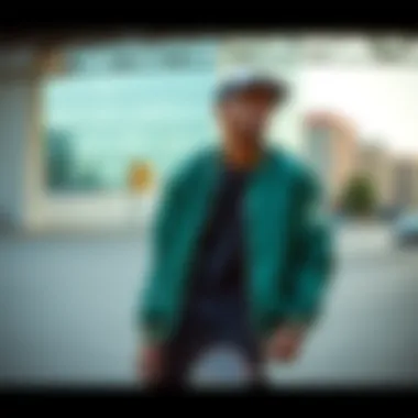 Urban Skater Sporting the Green Bomber Jacket A skater wearing a stylish green bomber jacket in an urban setting.