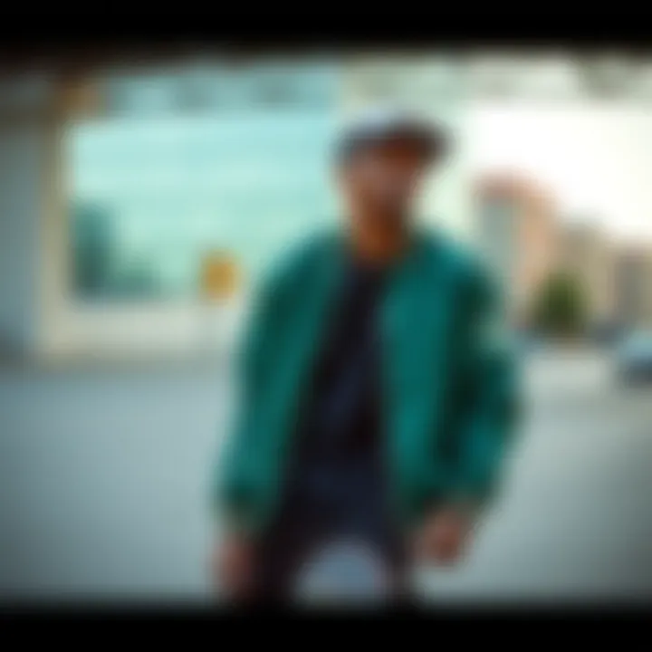Urban Skater Sporting the Green Bomber Jacket A skater wearing a stylish green bomber jacket in an urban setting.