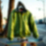A vintage green bomber jacket hanging on a skateboard.