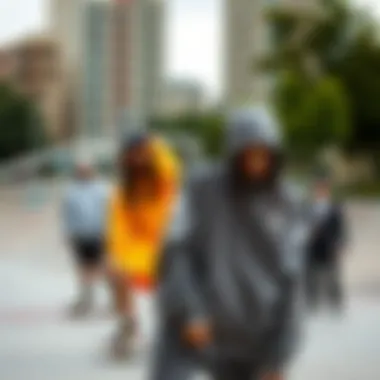 Skate Park Fashion Scene An urban skate park setting featuring individuals in sweat attire, highlighting the blend of functionality and fashion.