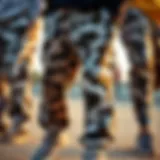 A close-up of stylish sweatpants designed for skateboarding, showcasing unique patterns and fabrics.