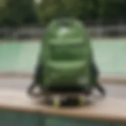 A vibrant green Nike backpack against a backdrop of a skateboard park.