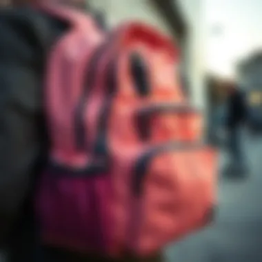 Close-up view of the peach backpack's functional compartments and pockets