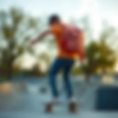 Skateboarder using the peach backpack while riding through a skate park