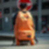 A stylish peach backpack designed for skaters in an urban setting