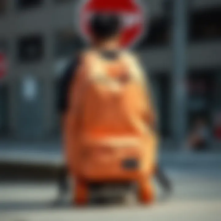 A stylish peach backpack designed for skaters in an urban setting