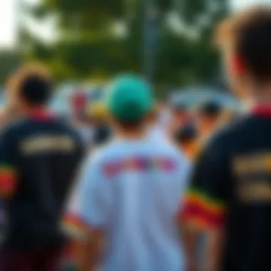 Skateboarders in Rainbow Champion Shirts at Event Skateboarders wearing rainbow champion shirts at a community event