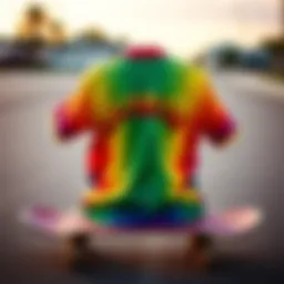 A vibrant rainbow champion shirt displayed on a skateboard