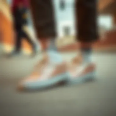 Fashion-forward individual pairing rose gold Vans with trendy streetwear