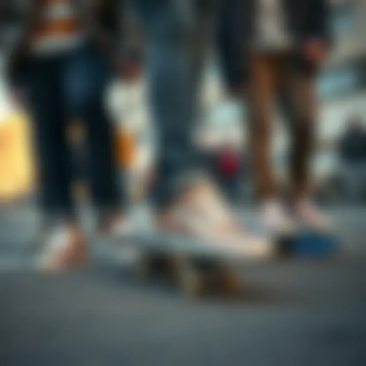 Group of skaters wearing various rose gold Vans slip-ons in an urban setting