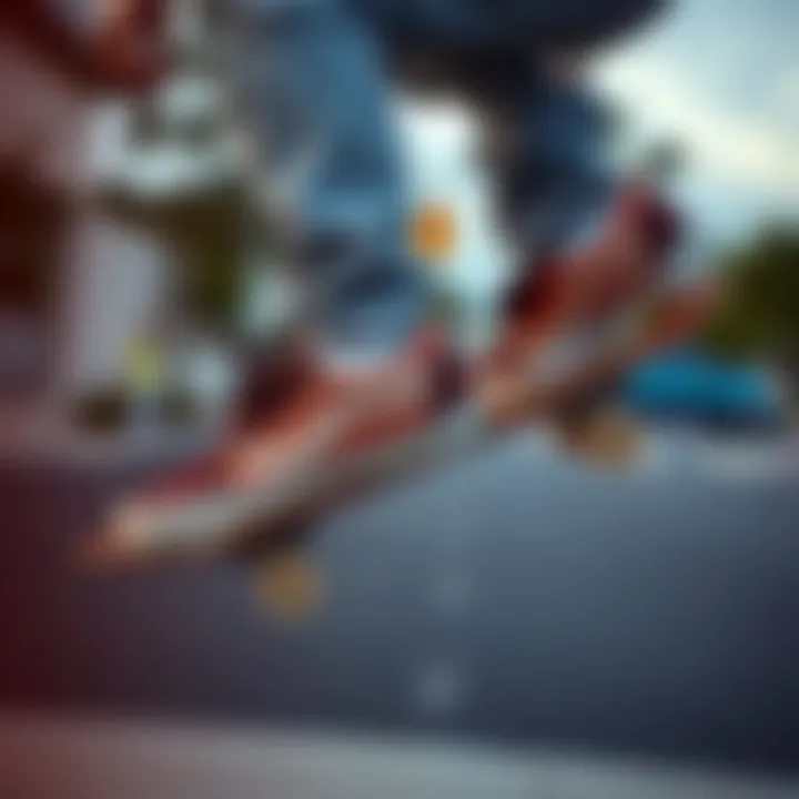 Skateboarder performing a trick wearing stylish rose gold Vans