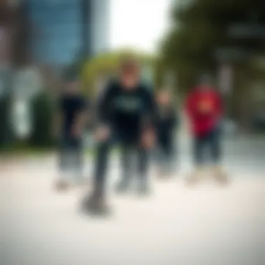 Skateboarders in Urban Park Group of skateboarders wearing goggles in an urban skate park setting