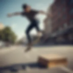 Dynamic skateboarding scene showcasing a rider performing tricks in an urban environment.