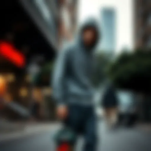 Skateboarder wearing a 3XL hoodie in an urban environment