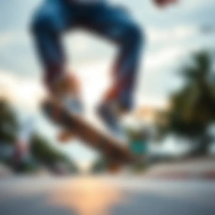 Dynamic Skateboarding with Blue Denim Cargo Jeans A skateboarder performing a trick while wearing cargo jeans