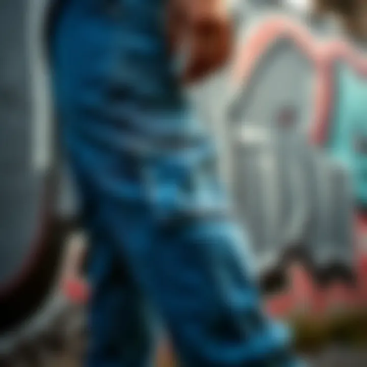 Blue Denim Cargo Jeans: A Canvas of Urban Expression An artistic display of blue denim cargo jeans against urban graffiti